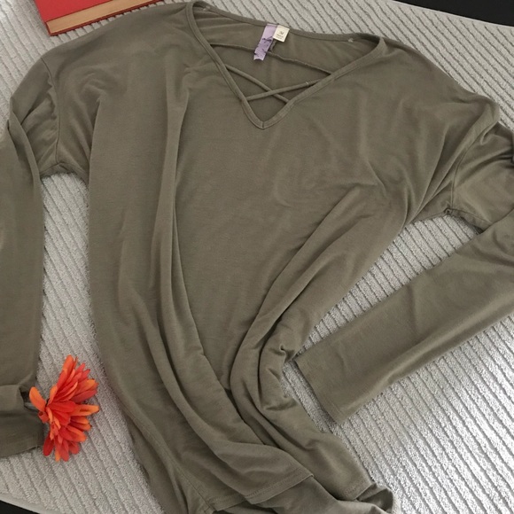 Alya Tops - Alya Long Sleeve Cross Detail Neckline Top Blouse